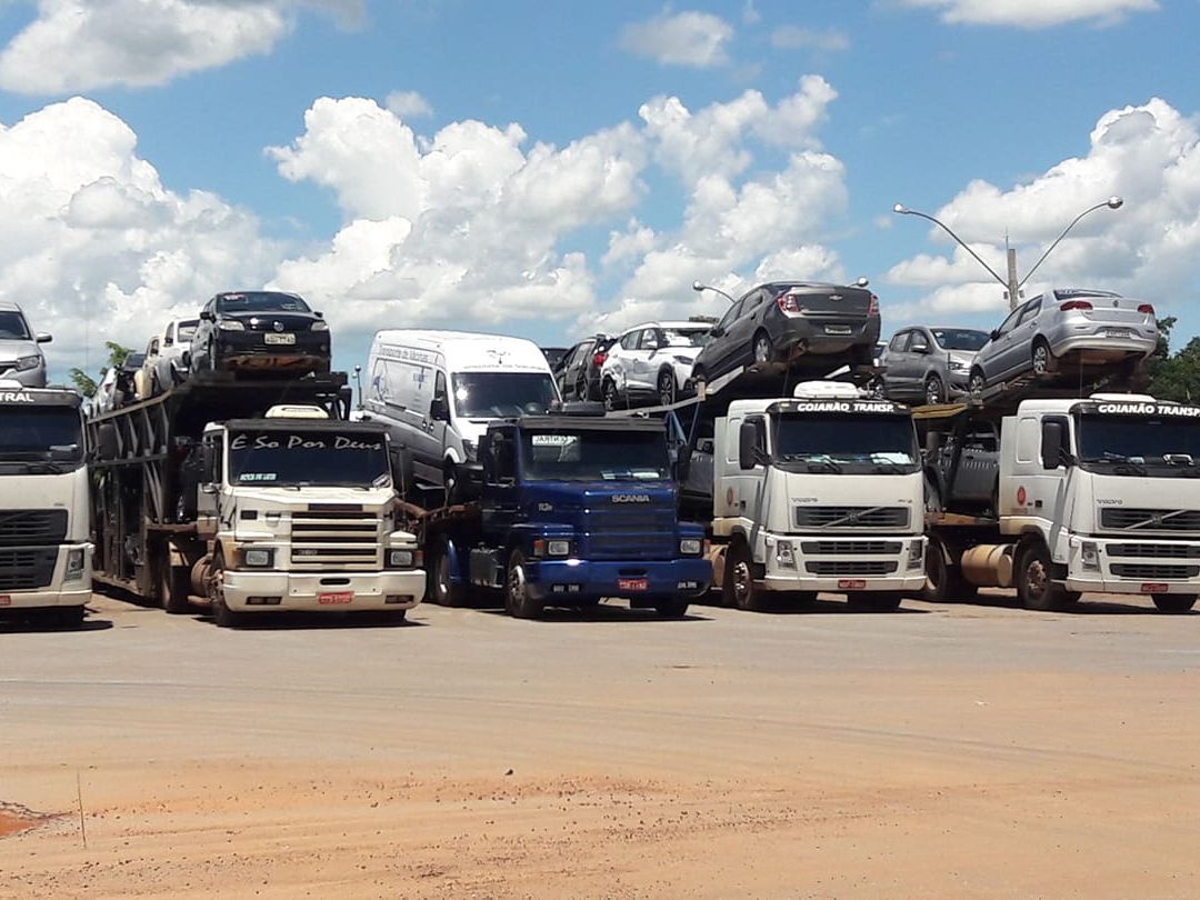Frota própria de caminhões cegonha da Goianão Transportes carregados de veículos