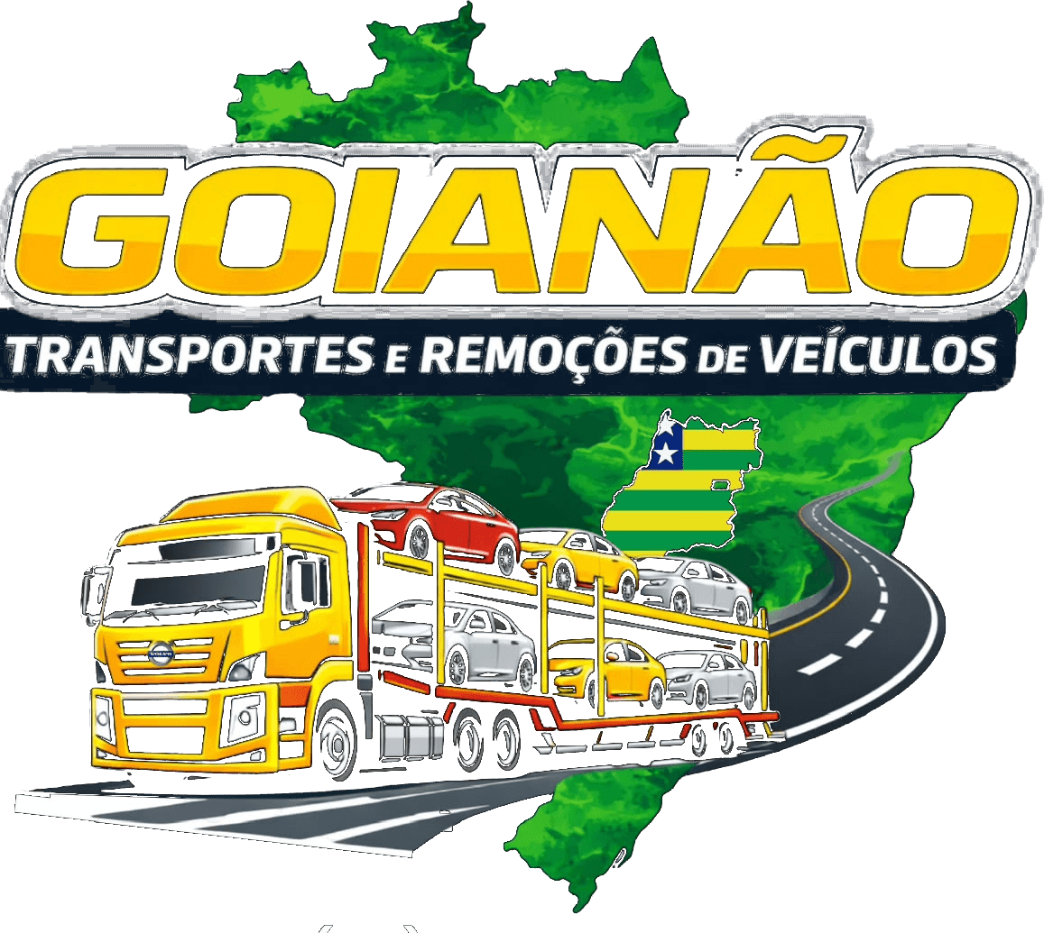Ilustração de caminhão cegonha amarelo sobre o mapa do Brasil com a marca Goianão Transportes